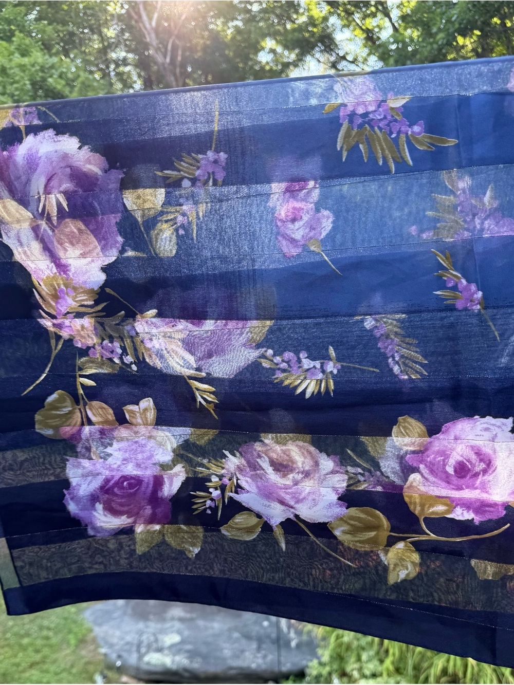 Symphony Navy Floral Scarf with Purple & Gold Roses